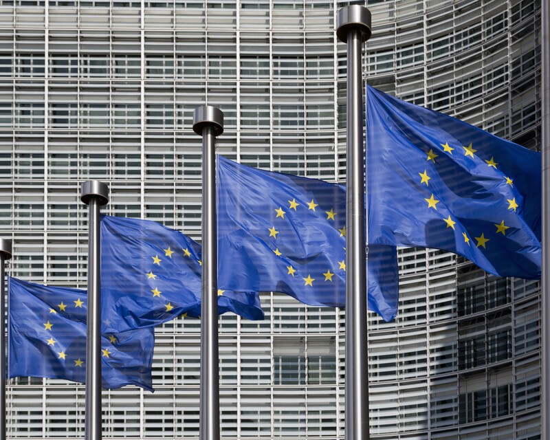 European flags outside the Berlaymont office of European Commission, Brussels, Belgium
